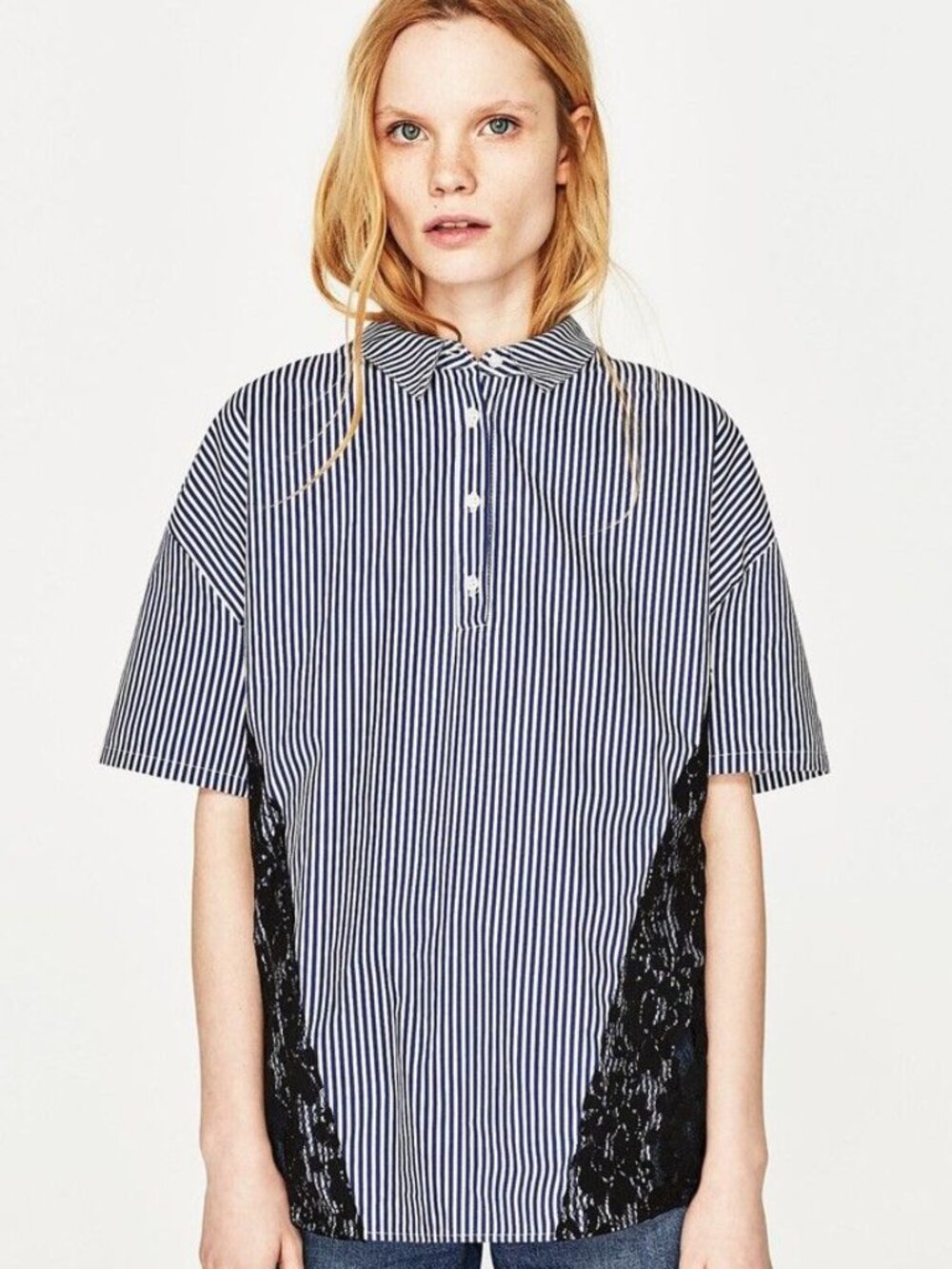 Zara Blue White Stripe Print Contrast Black Lace Panel Shirt Blouse
